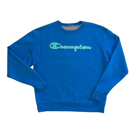 Champion Logo Crew Neck Sweatshirt Blue Green Men’s L Unisex - Picture 1 of 9